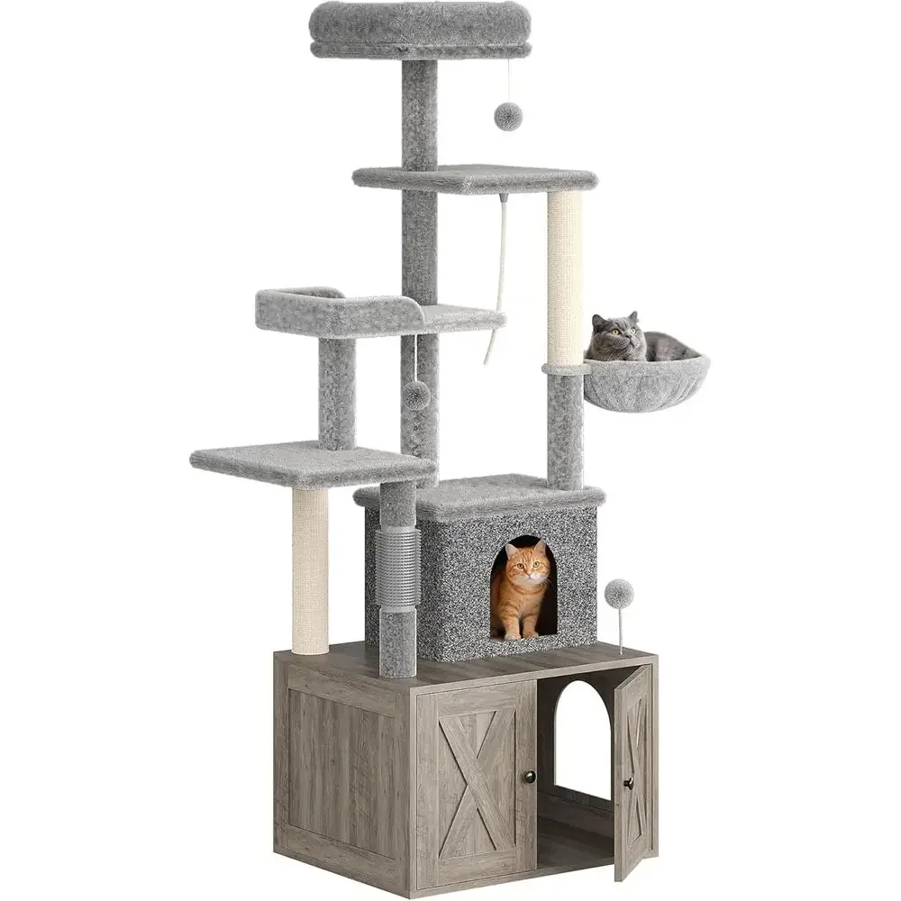 Cat Scratching Post - Großes Mehrstöckiges Katzenspielhaus mit Katzenklo, Höhle,