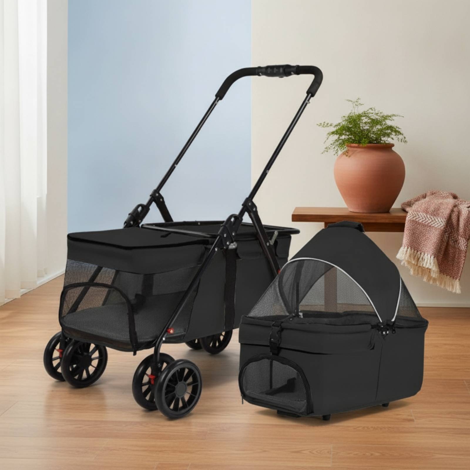 Pet Stroller Carrier - Haustier-Kinderwagen mit Abnehmbarem Träger Tragbarer Doppelschichtiger