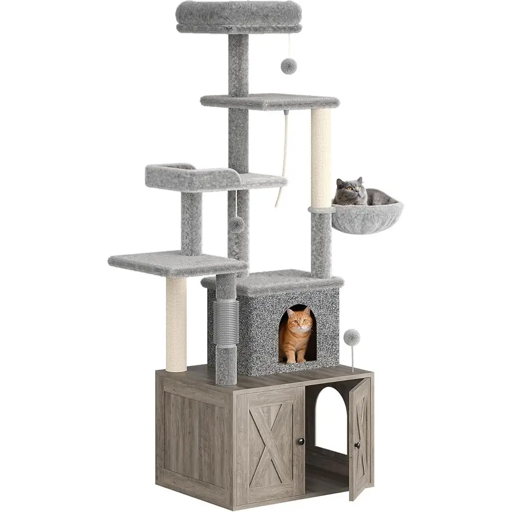 Cat Scratching Post - Großes Mehrstöckiges Katzenspielhaus mit Katzenklo, Höhle,