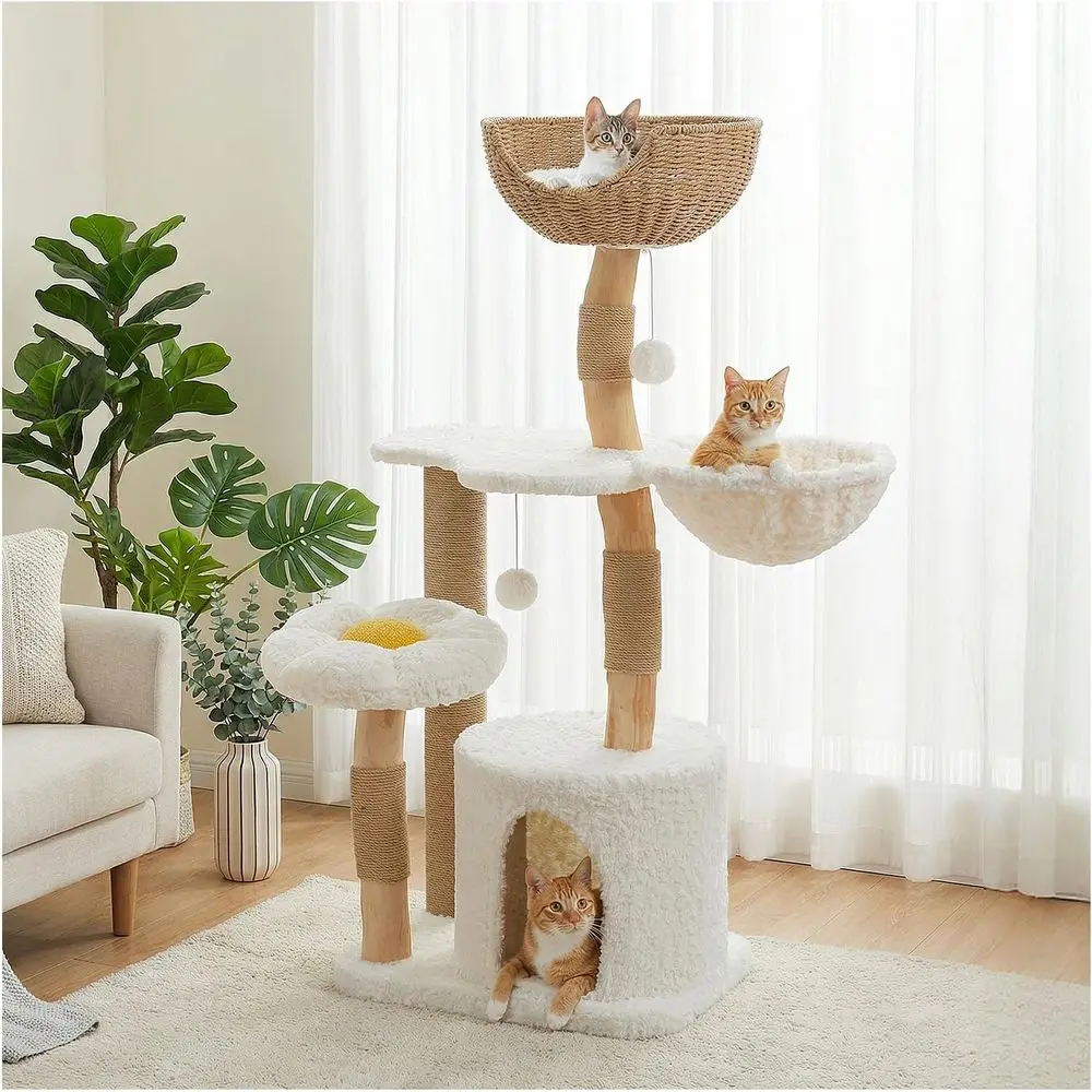 Cat Scratching Post - 48,5 cm Hoher Massivholz-Katzenturm mit Luxus-Wohnhöhle,