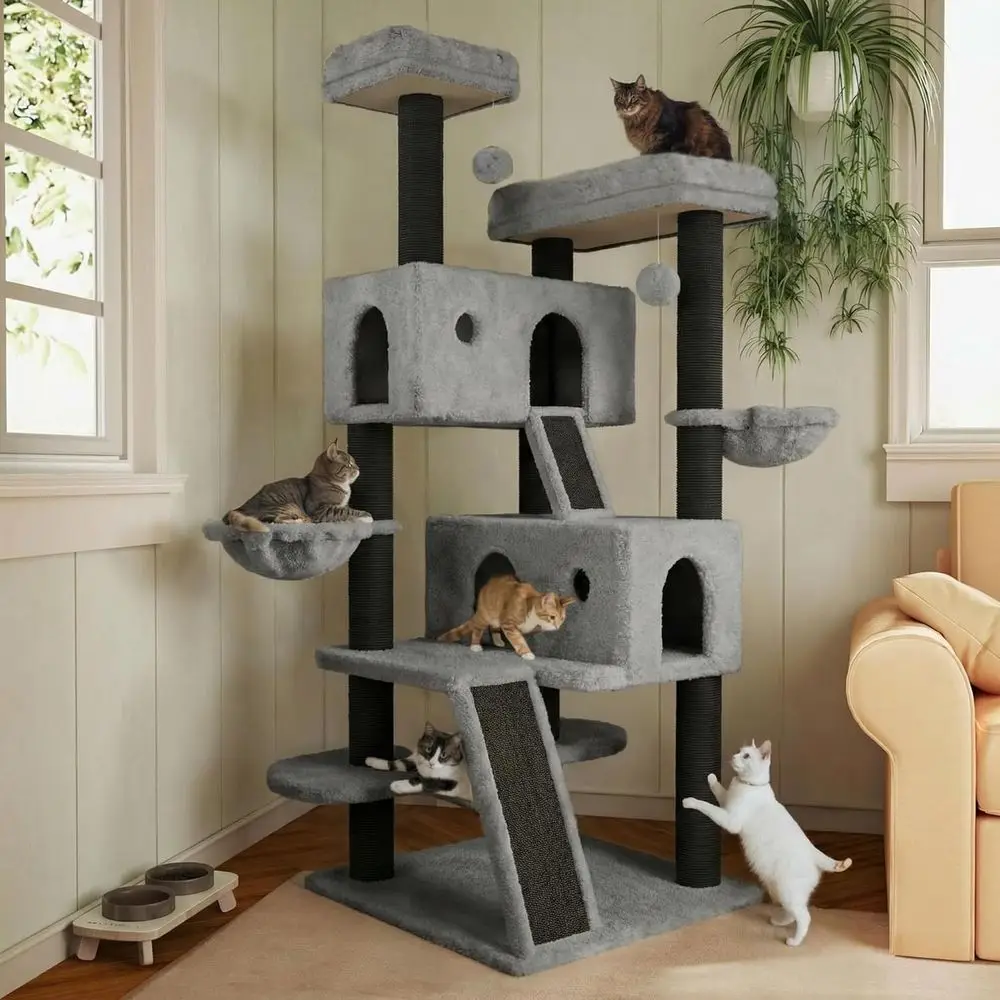 Cat Scratching Post - 66-stufiger großer Katzenbaum mit Plüschliegeflächen, Katzenhöhle,