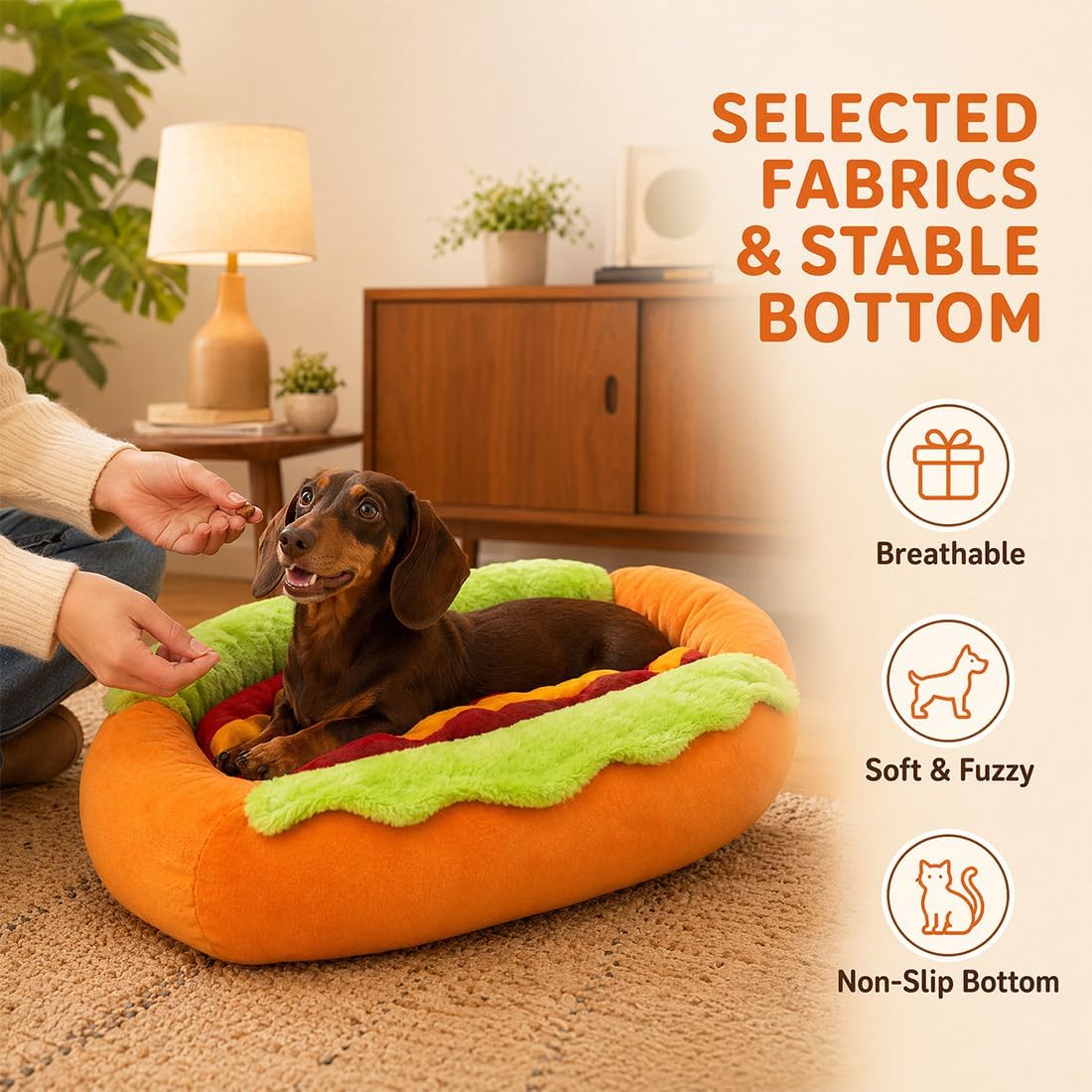 Hot-Dog-Hundebett, weiches Plü – Calming Dog Bed Bewertung und Preis