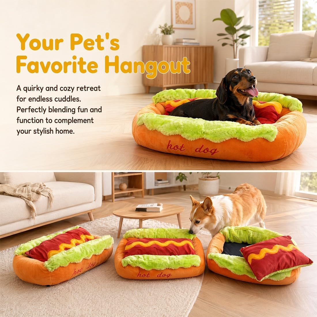 Hot-Dog-Hundebett, weiches Plü – Calming Dog Bed Bewertung und Preis